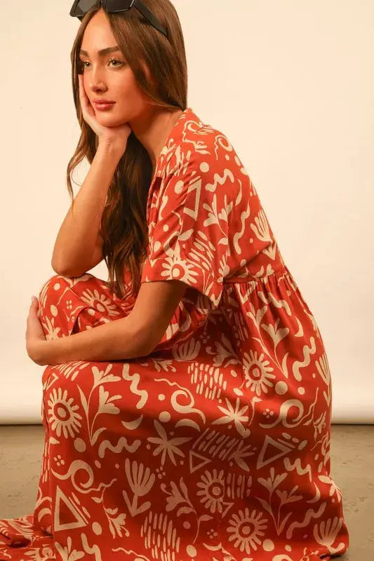 VERY J Plus Size Oversized Printed Shirt Midi Dress.