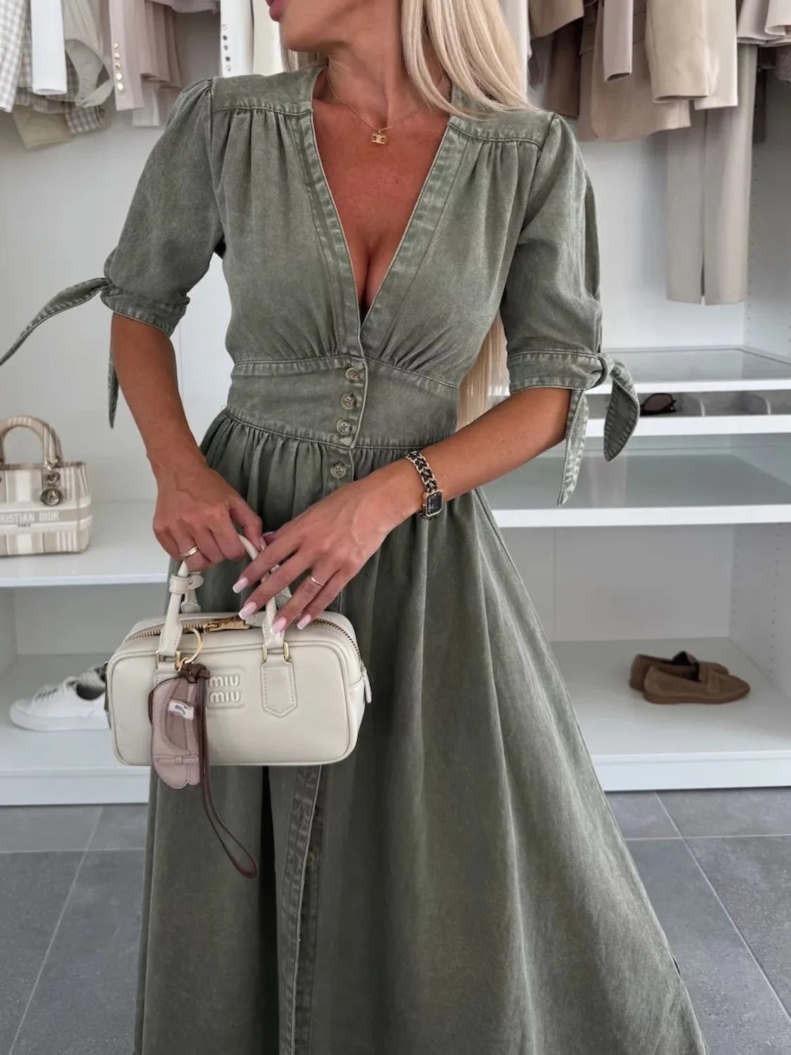 Button Front V-Neck Half Sleeve Denim Dress - Premium Women / Jeans & Denim from Trendsi - Just $53.68! Shop now at Handbags Specialist Headquarter