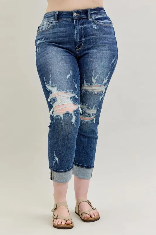 Judy Blue Full Size Mid Rise Cuffed Destroy Bf Jeans Plus Size - Premium Women / Jeans & Denim from Trendsi - Just $62.99! Shop now at Handbags Specialist Headquarter