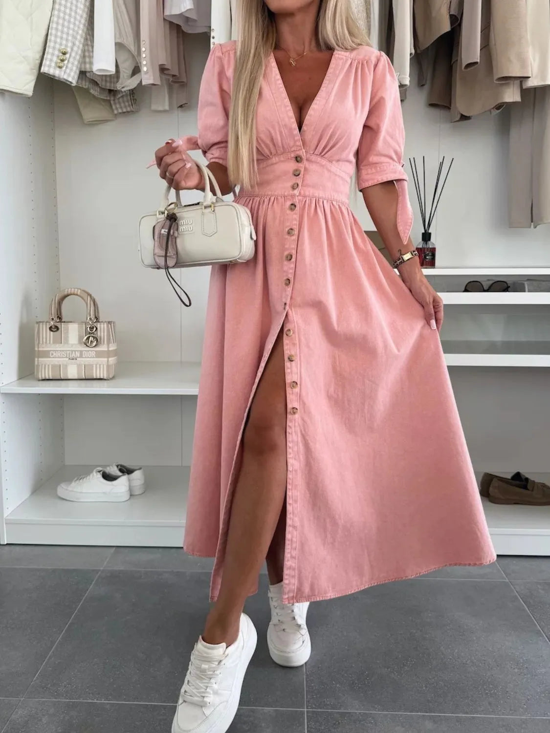 Button Front V-Neck Half Sleeve Denim Dress - Premium Women / Jeans & Denim from Trendsi - Just $53.68! Shop now at Handbags Specialist Headquarter