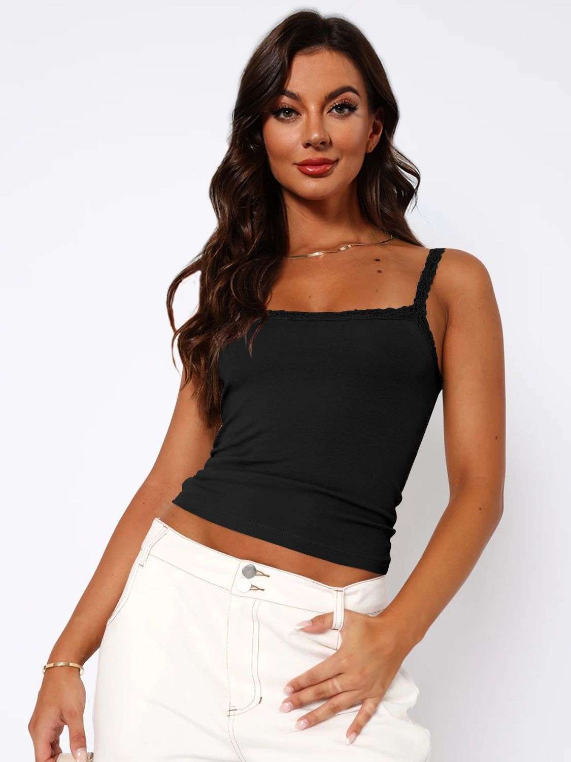 Lace Trim Straight Neck Cami - Premium Women / Tops from Trendsi - Just $20! Shop now at Handbags Specialist Headquarter