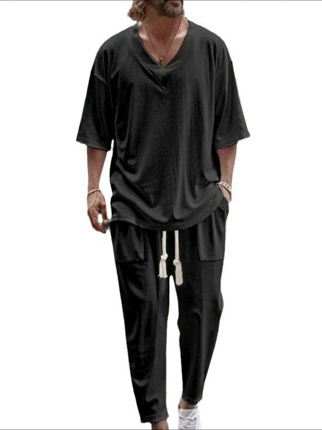 Men's Plus Size V-Neck Half Sleeve Top and Pants Set.