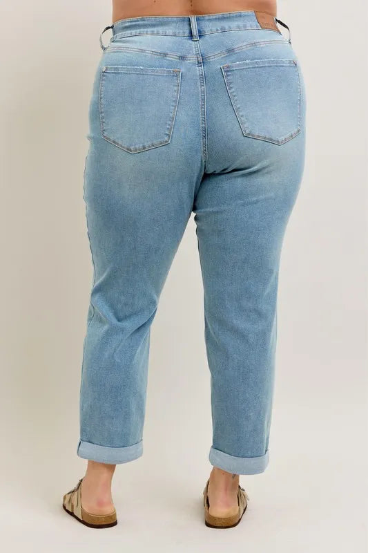 Judy Blue Full Size V-Front Cuff Boyfriend Jeans Plus Size - Premium Women / Jeans & Denim from Trendsi - Just $58.99! Shop now at Handbags Specialist Headquarter