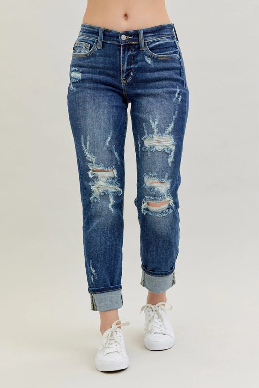 Judy Blue Full Size Mid Rise Cuffed Destroy Bf Jeans Plus Size - Premium Women / Jeans & Denim from Trendsi - Just $62.99! Shop now at Handbags Specialist Headquarter