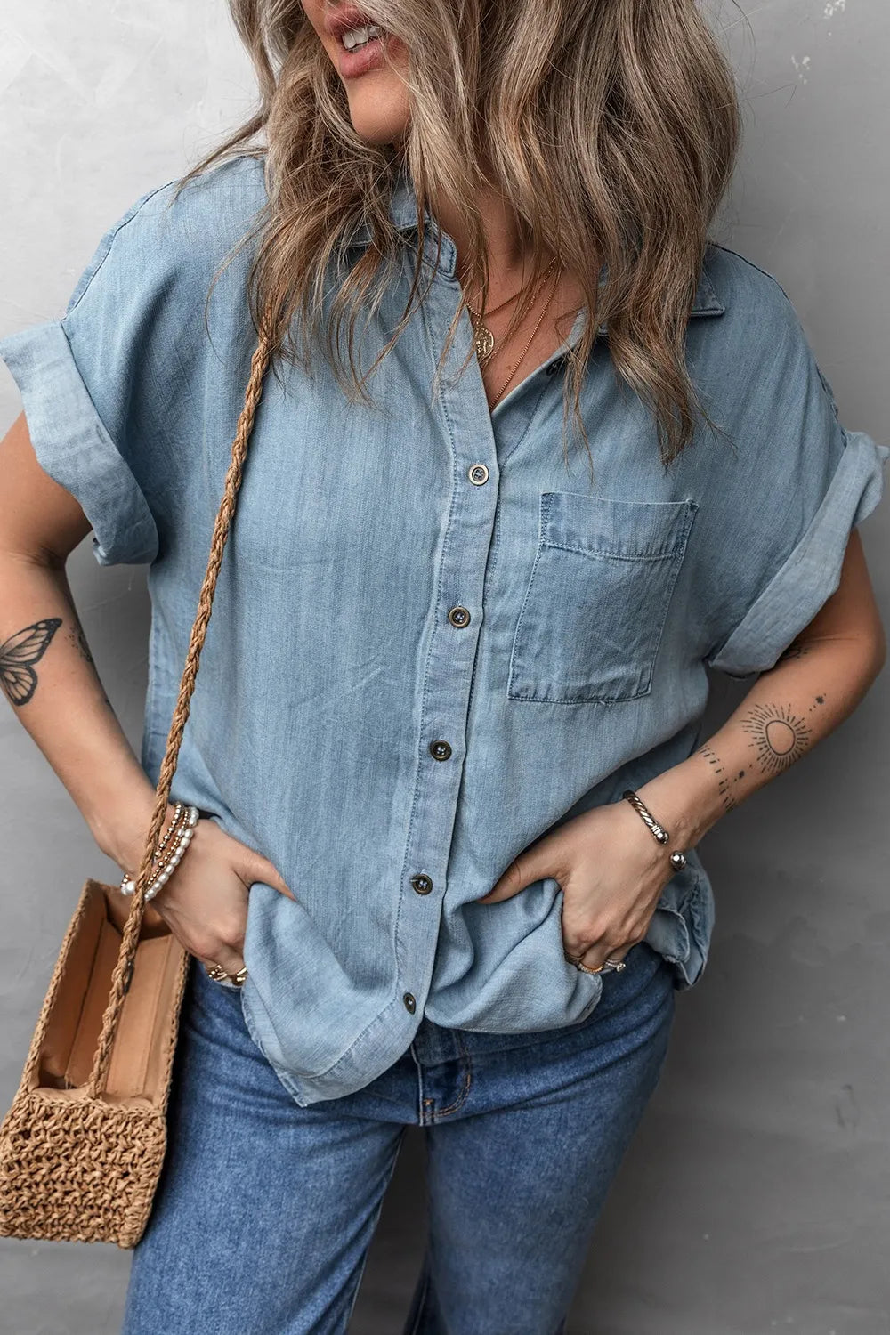 Folded Short Sleeve Patched Pocket Denim Shirt - Premium Women / Jeans & Denim from Trendsi - Just $48.76! Shop now at Handbags Specialist Headquarter