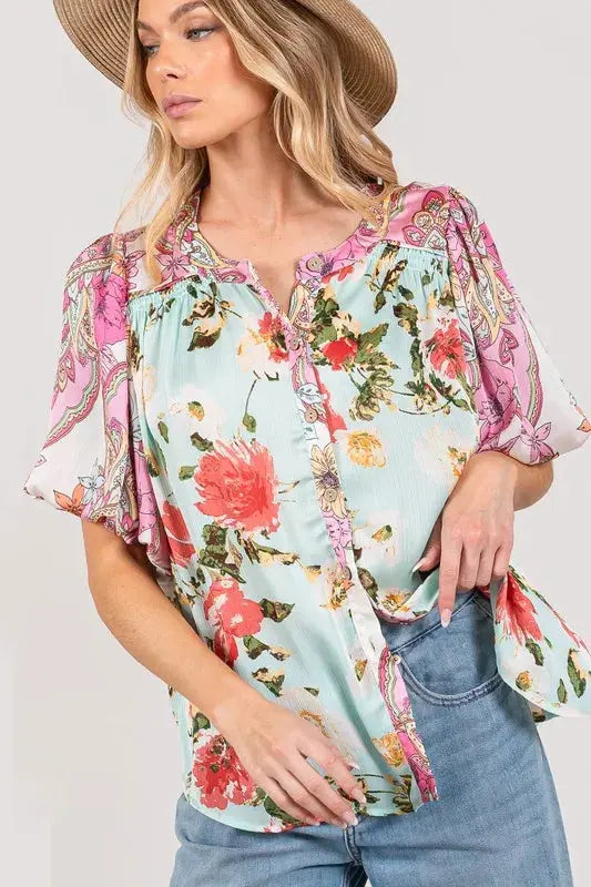SAGE+FIG Plus Size Floral Mineral Wash French Terry Button Up Shirt.