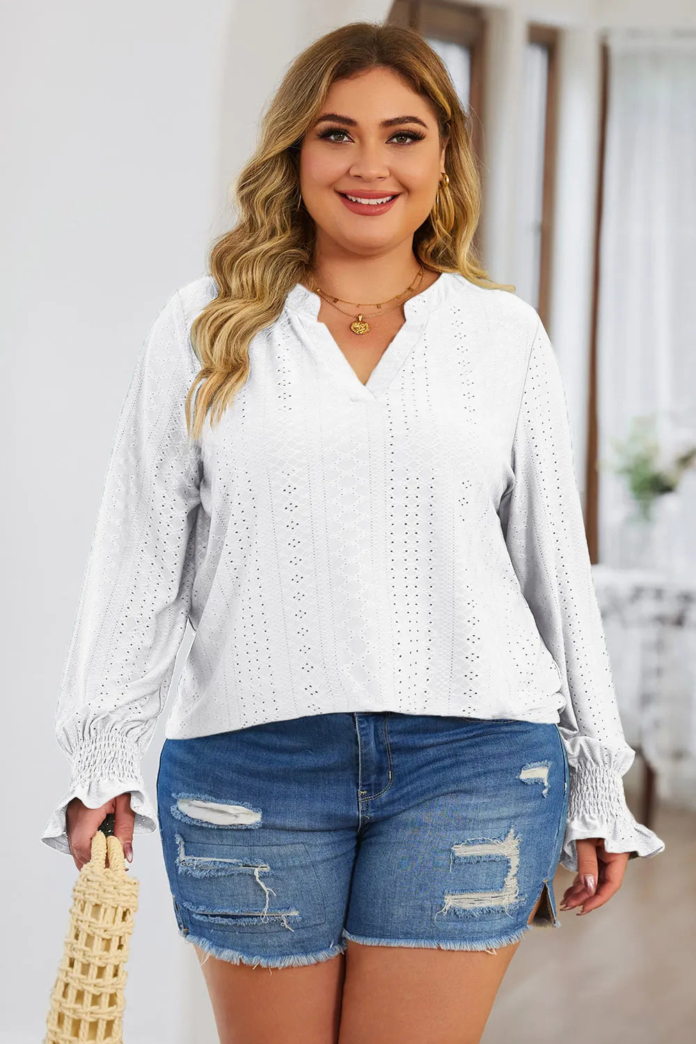 Plus Size Eyelet Notched Flounce Sleeve Blouse - Premium Plus Size Shirts from Trendsi - Just $27! Shop now at Handbags Specialist Headquarter