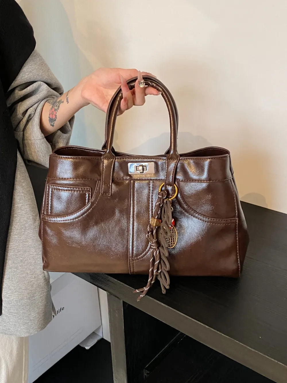 PU Leather Handbag with Pendant - Premium Tote Bag from Trendsi - Just $40.99! Shop now at Handbags Specialist Headquarter