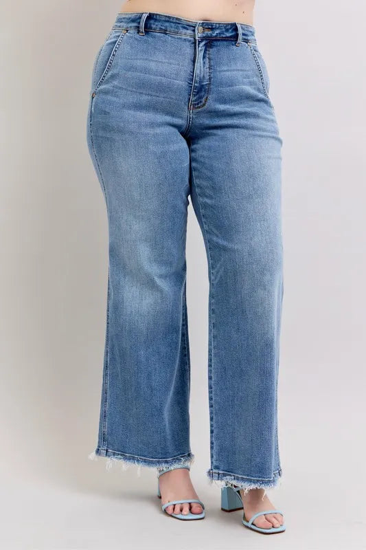 Judy Blue Full Size Raw Hem Wide Leg Jeans Plus Size - Premium Women / Jeans & Denim from Trendsi - Just $67.99! Shop now at Handbags Specialist Headquarter