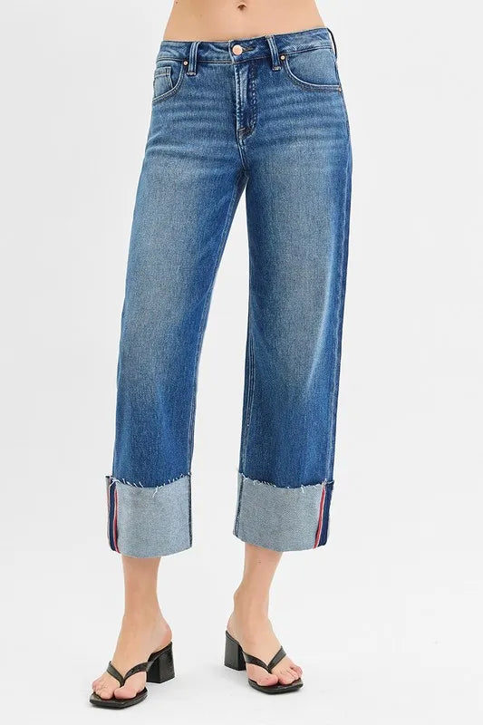 RISEN Full Size Tummy Control Mid Rise Crop Wide Cuffed Jeans Plus Size - Premium Women / Jeans & Denim from Trendsi - Just $71.99! Shop now at Handbags Specialist Headquarter