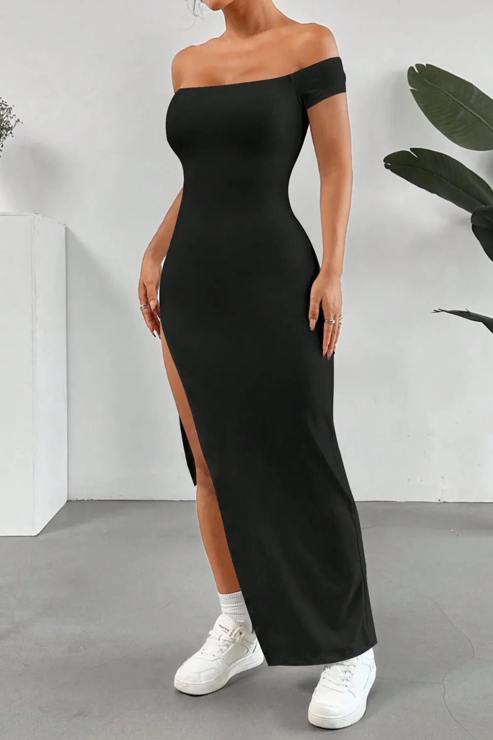 Off Shoulder Slit Maxi Dress - Premium Maxi Dress from Trendsi - Just $27.99! Shop now at Handbags Specialist Headquarter