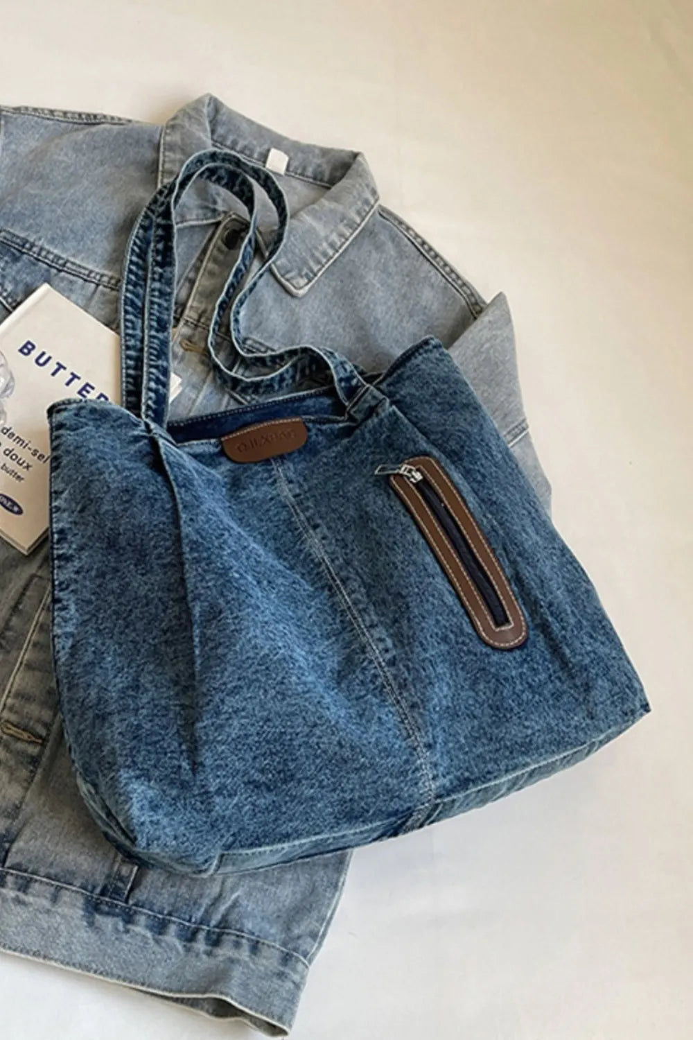 Medium Denim Tote Bag - Premium Tote Bag from Trendsi - Just $32.99! Shop now at Handbags Specialist Headquarter