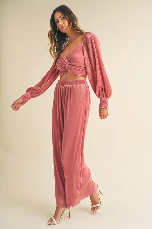 MABLE Front Twisted Long Sleeve Top and Pants Set - Premium Sleepwear from Trendsi - Just $84.99! Shop now at Handbags Specialist Headquarter