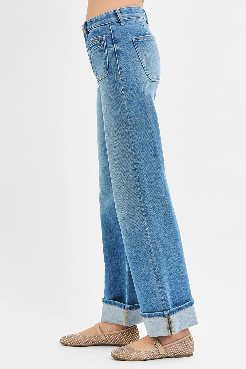 RISEN Full Size Elastic Band Mid Rise Wide Front Patch Pocket Cuff Jeans Plus Size - Premium Women / Jeans & Denim from Trendsi - Just $67.99! Shop now at Handbags Specialist Headquarter
