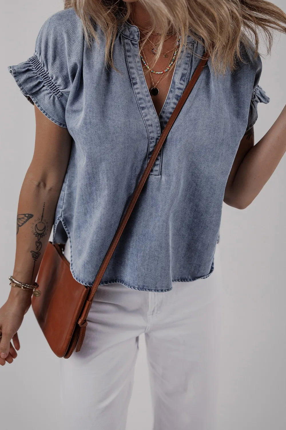 V Neck Ruffled Short Puff Sleeve Denim Top - Premium Women / Jeans & Denim from Trendsi - Just $39.06! Shop now at Handbags Specialist Headquarter