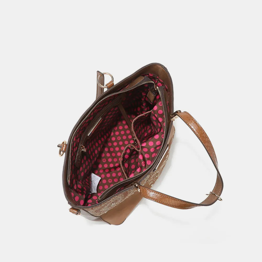 Nicole Lee USA Metallic Stitching Embroidery Inlaid Rhinestone Tote Bag - Premium Tote Bag from Trendsi - Just $64.99! Shop now at Handbags Specialist Headquarter