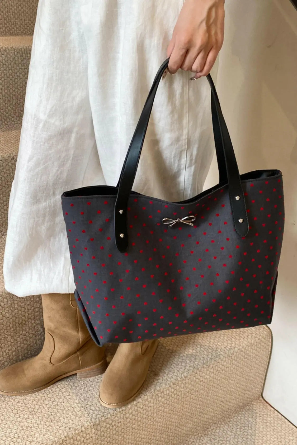 Polyester Bow Polka Dot Tote Bag.