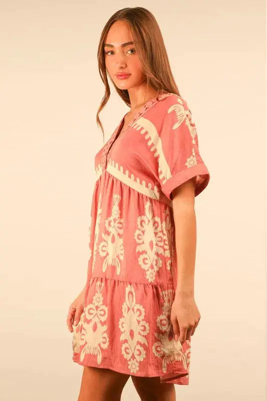 VERY J Plus Size Printed V-Neck Woven Mini Dress.