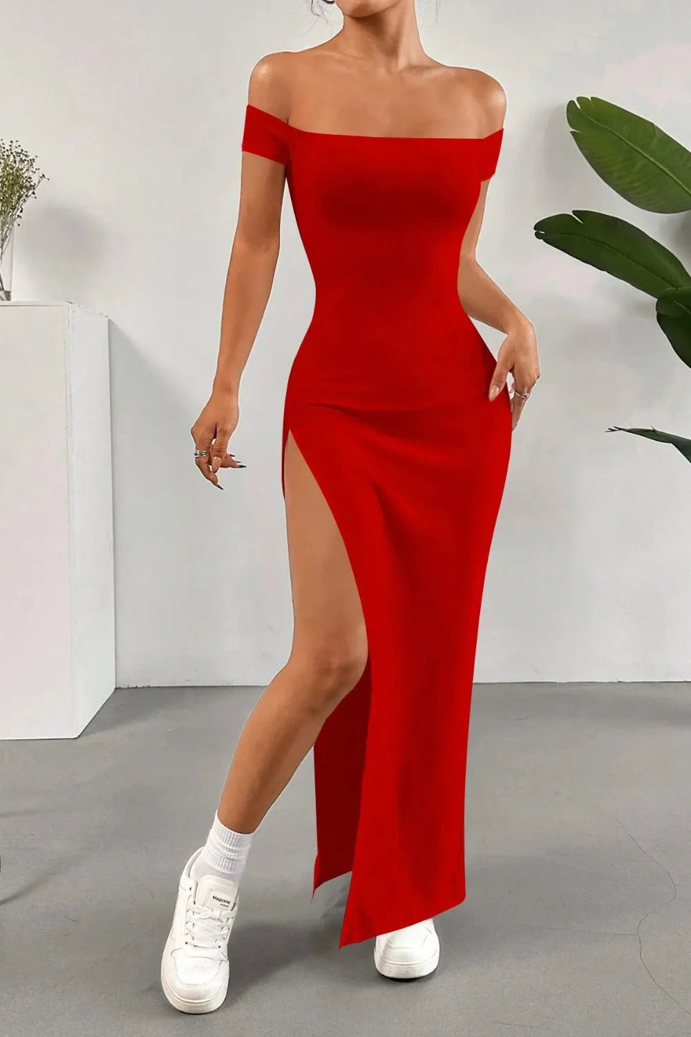 Off Shoulder Slit Maxi Dress - Premium Maxi Dress from Trendsi - Just $27.99! Shop now at Handbags Specialist Headquarter