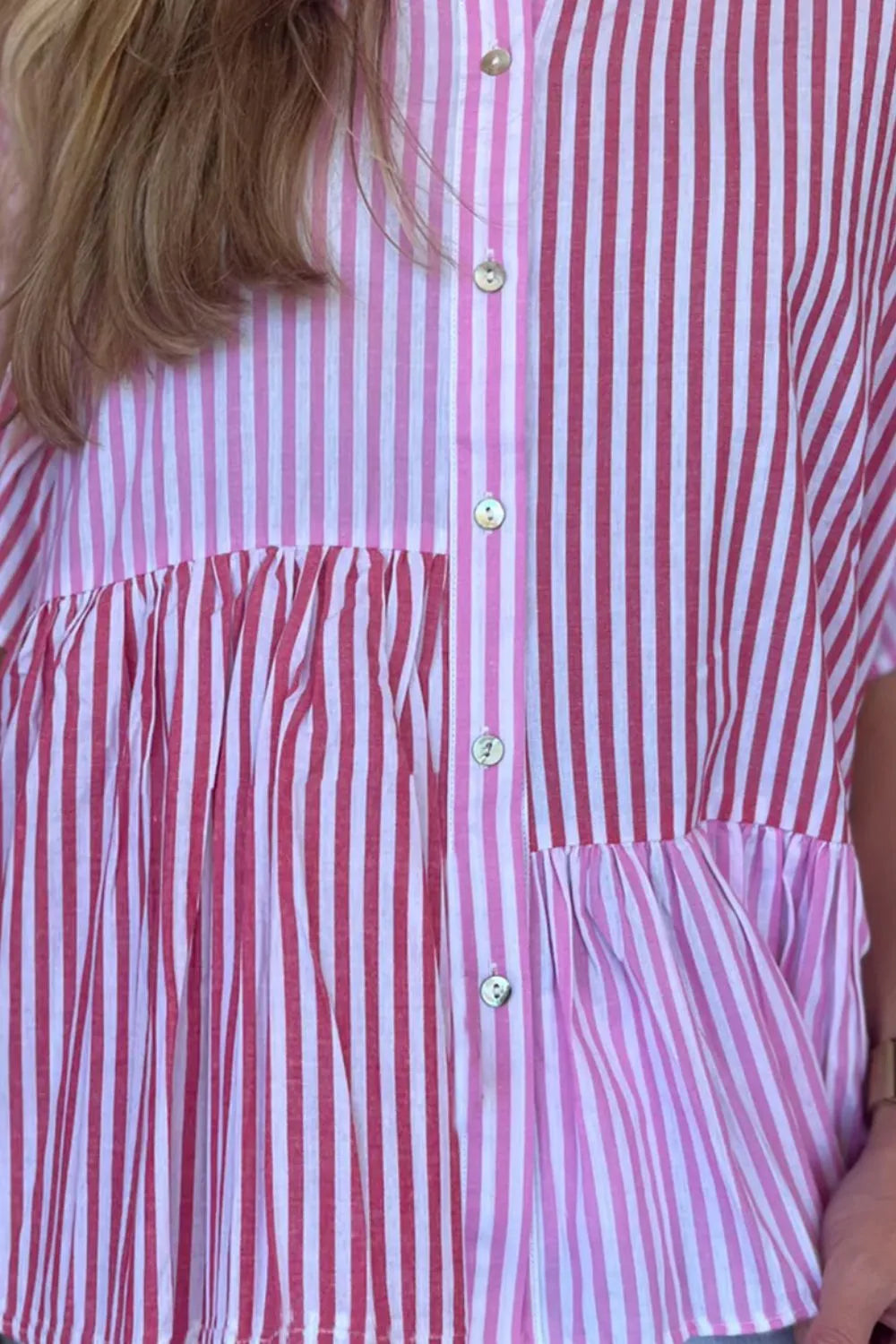 Button Down Striped Ruffled Hem Shirt - Premium Women's Down Shirt Tops from Trendsi - Just $28.46! Shop now at Handbags Specialist Headquarter