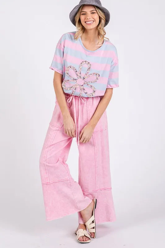 SAGE + FIG Mineral Washed Terry Wide Leg Pants - Premium Bottoms from Trendsi - Just $51.22! Shop now at Handbags Specialist Headquarter