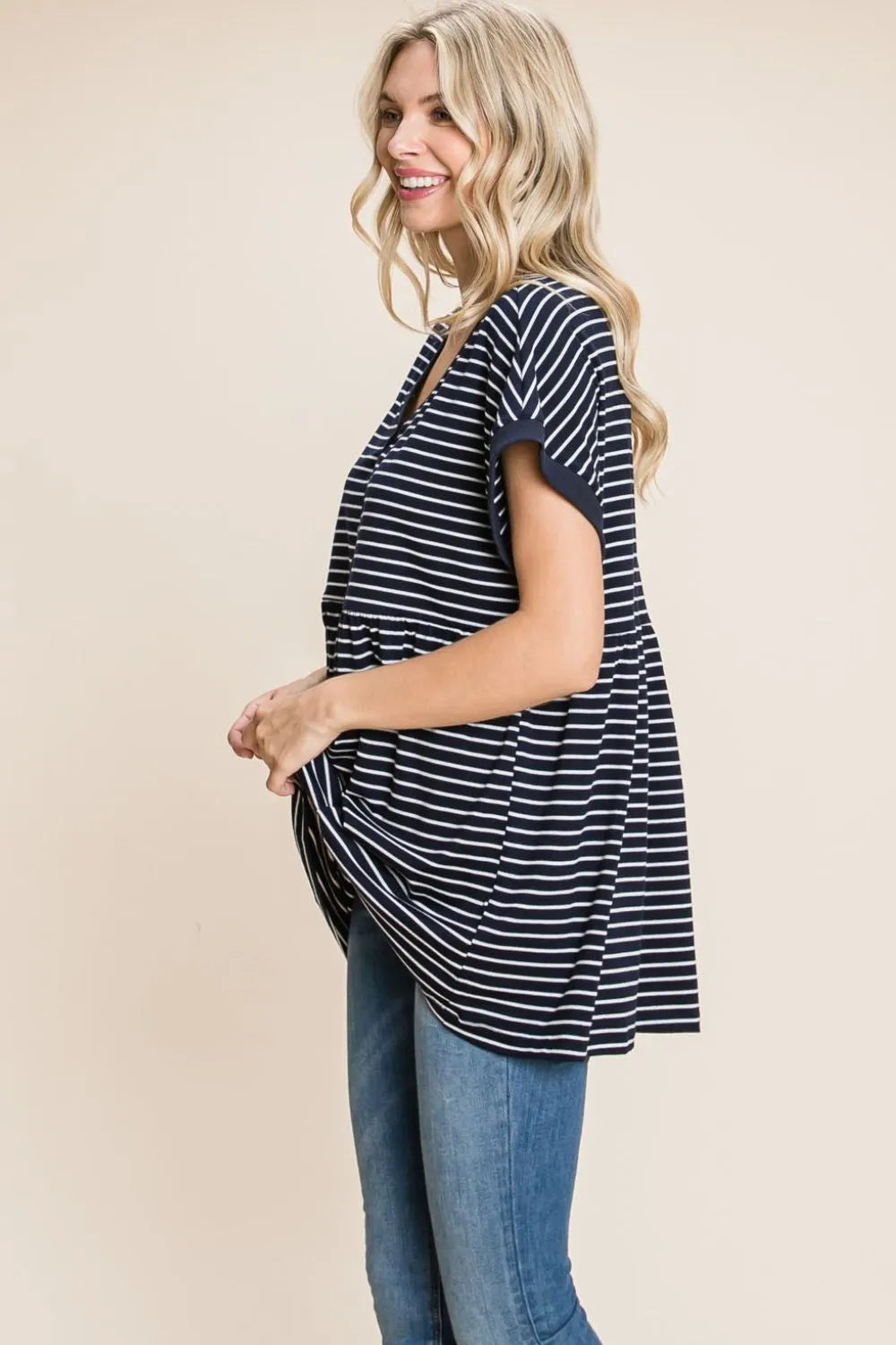 Cotton Bleu by Nu Label Striped Button Front Baby Doll Top - Premium Women / Jeans & Denim from Trendsi - Just $24.58! Shop now at Handbags Specialist Headquarter