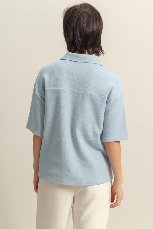 HYFVE Collared Neck Button Down Waffle Shirt - Premium Women's Down Shirt Tops from Trendsi - Just $35.56! Shop now at Handbags Specialist Headquarter
