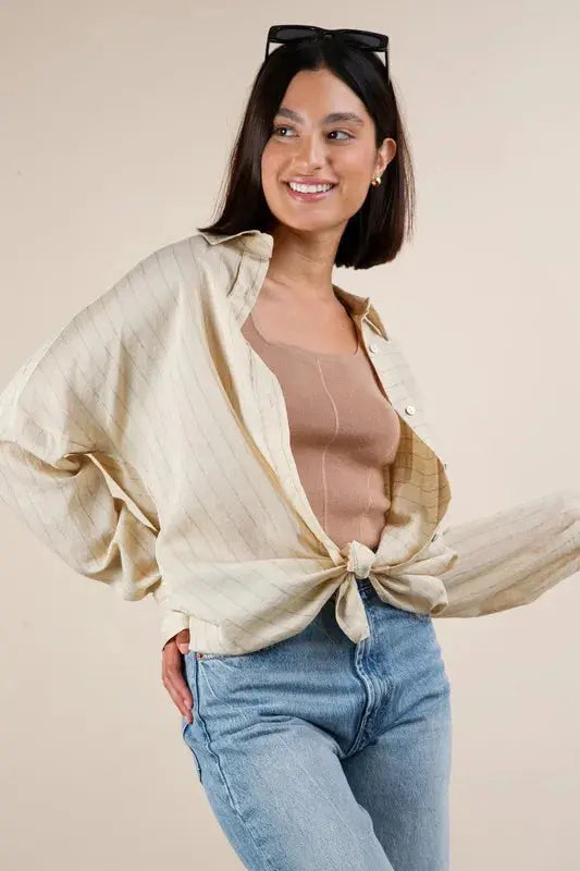 VERY J Plus Size Oversized Striped Button Down Shirt Top.