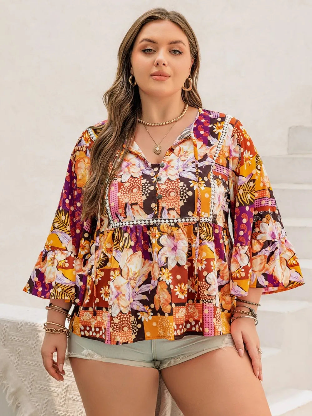 Plus Size Printed Tie Neck Blouse - Premium Plus Size Shirts from Trendsi - Just $28.50! Shop now at Handbags Specialist Headquarter