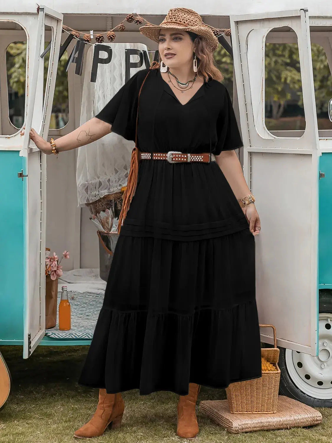 Plus Size Tie Neck Flutter Sleeve Dress.