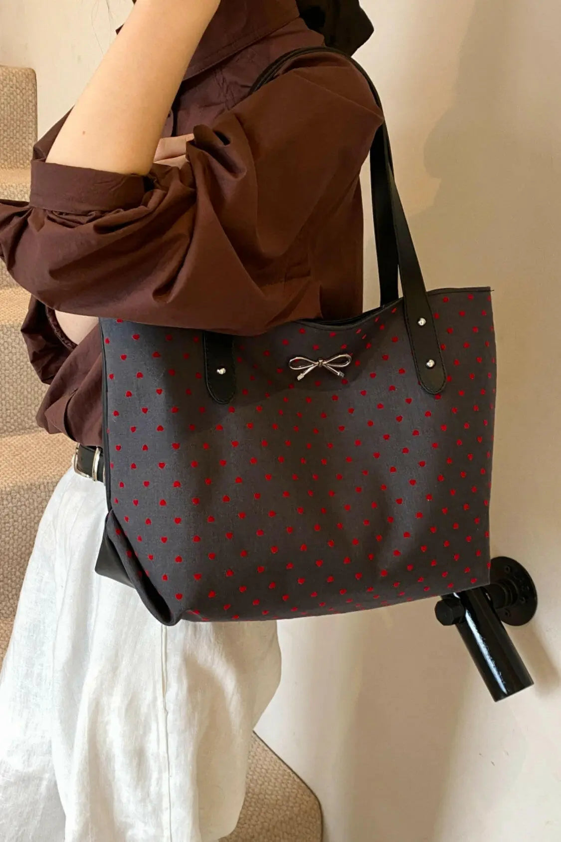 Polyester Bow Polka Dot Tote Bag.