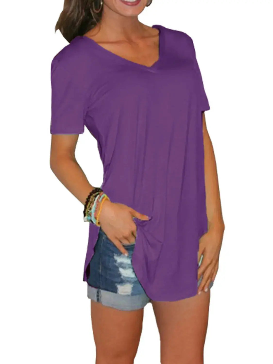 Full Size Solid V-Neck Short Sleeve T-Shirt Plus Size - Premium Women Plus Size from Trendsi - Just $16.36! Shop now at Handbags Specialist Headquarter