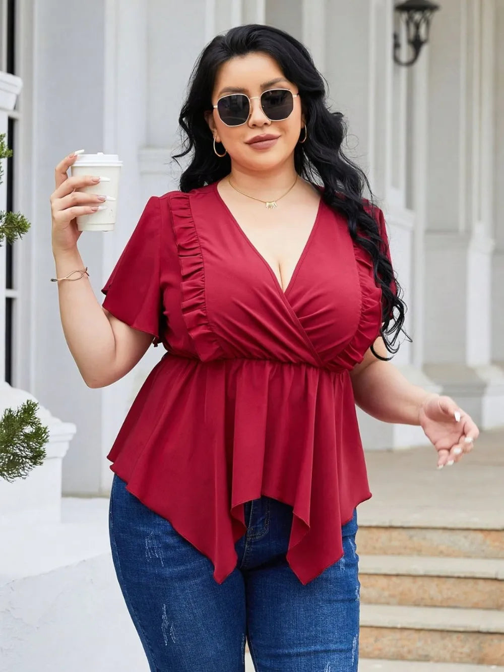 Plus Size Frill Surplice Flutter Sleeve Blouse - Premium Plus Size Shirts from Trendsi - Just $21! Shop now at Handbags Specialist Headquarter