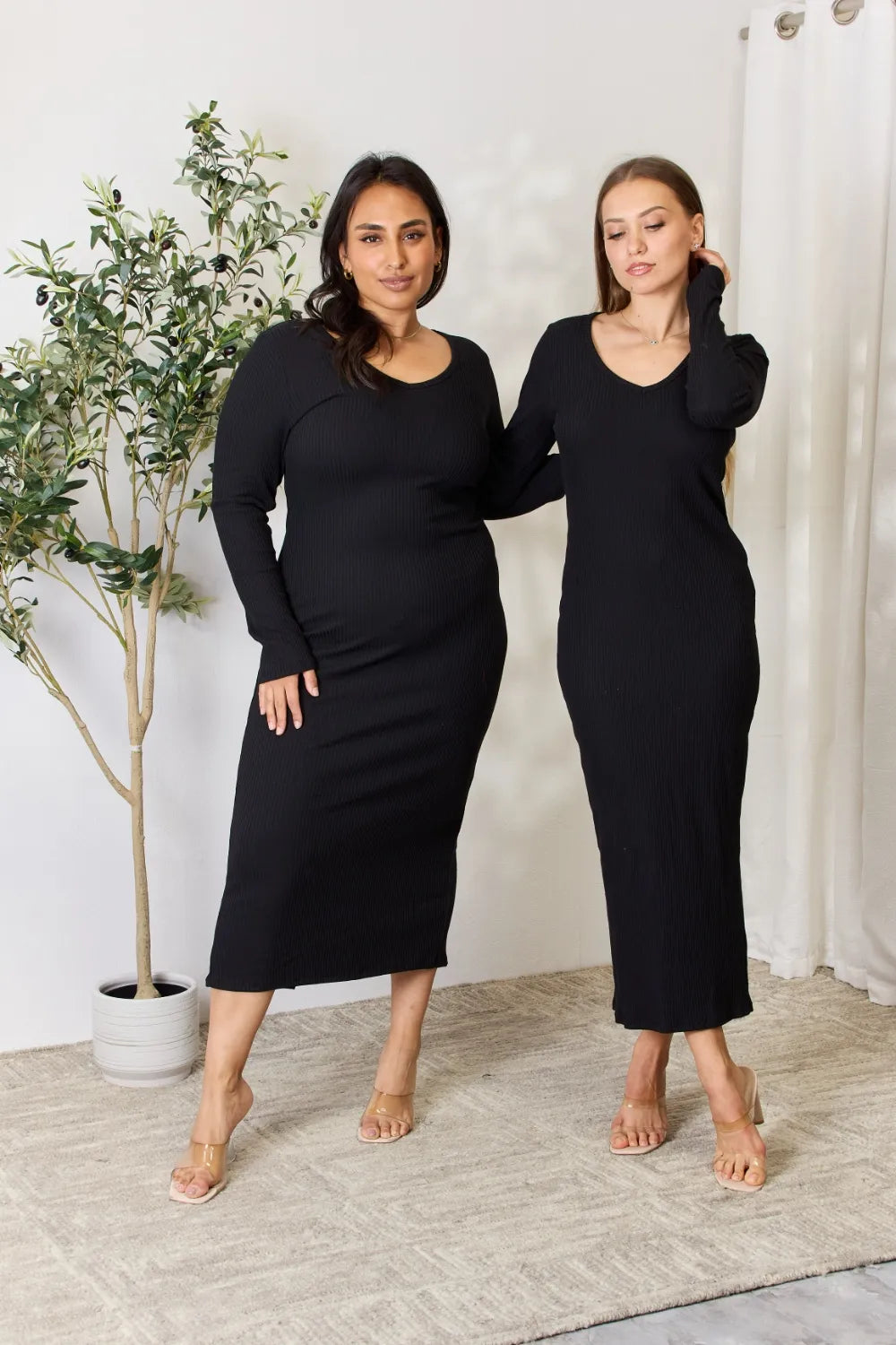 Culture Code Full Size Ribbed Long Sleeve Midi Slit Dress - Premium Dresses from Trendsi - Just $24.99! Shop now at Handbags Specialist Headquarter