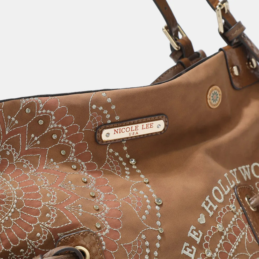 Nicole Lee USA Side Braided Tassel Inlaid Rhinestone Embroidery Hobo Bag - Premium Tote Bag from Trendsi - Just $70.99! Shop now at Handbags Specialist Headquarter