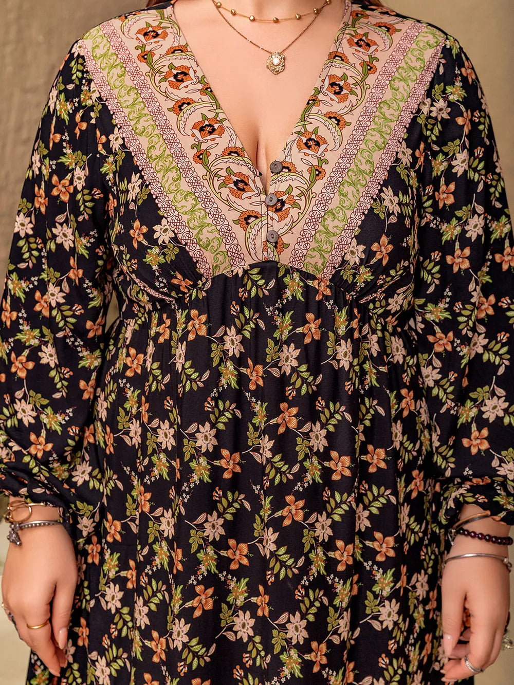 Plus Size Floral V-Neck Balloon Sleeve Dress - Premium Dresses from Trendsi - Just $45.99! Shop now at Handbags Specialist Headquarter