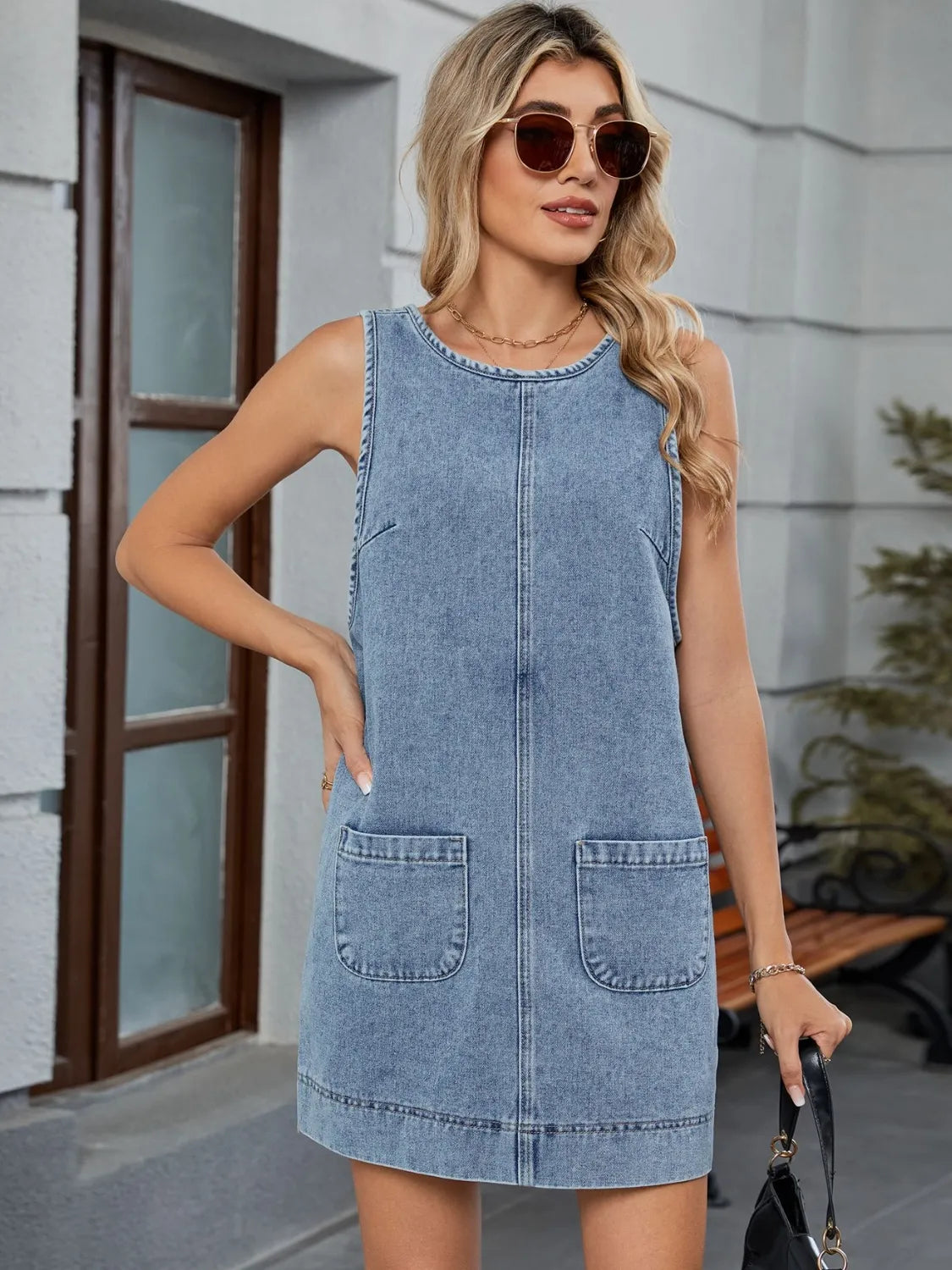 Round Neck Denim Overall Dress - Premium Women / Jeans & Denim from Trendsi - Just $30.94! Shop now at Handbags Specialist Headquarter