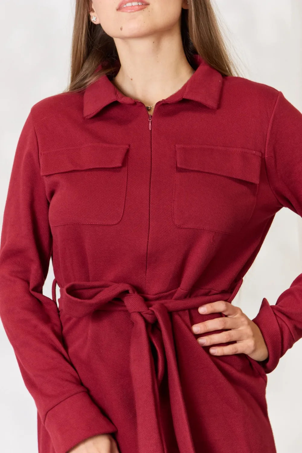 Culture Code Full Size Tie Front Half Zip Long Sleeve Shirt Dress - Premium Dresses from Trendsi - Just $37.99! Shop now at Handbags Specialist Headquarter