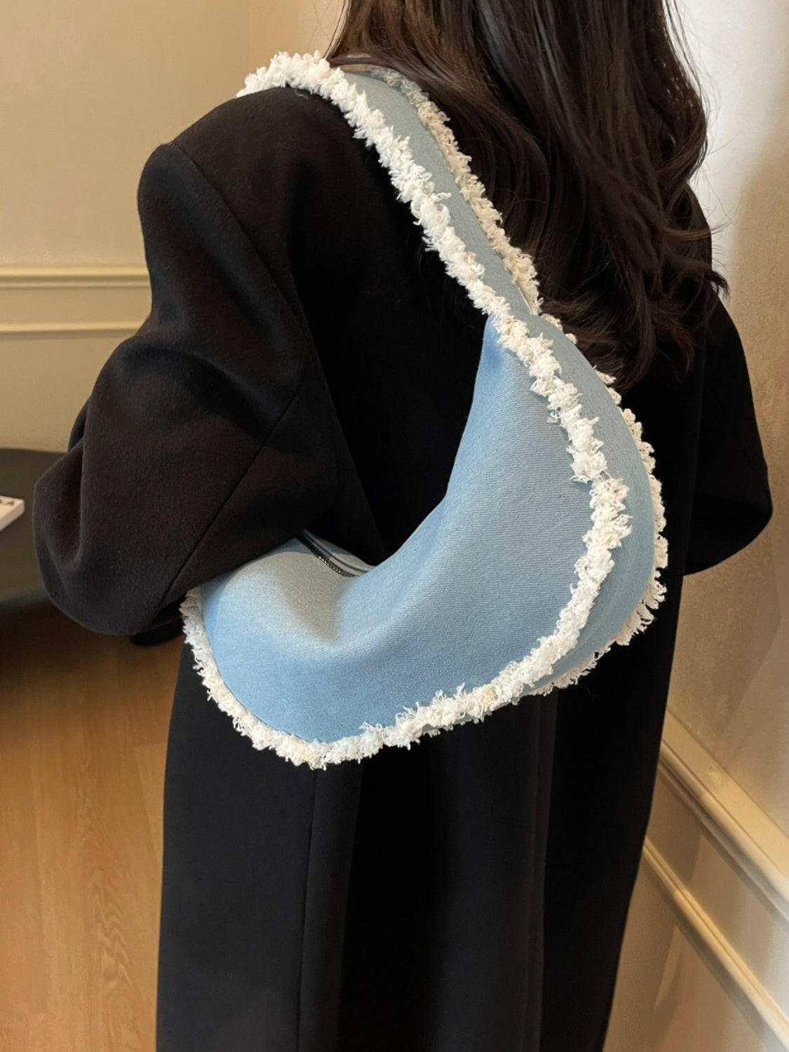 Raw Hem Denim Shoulder Bag.