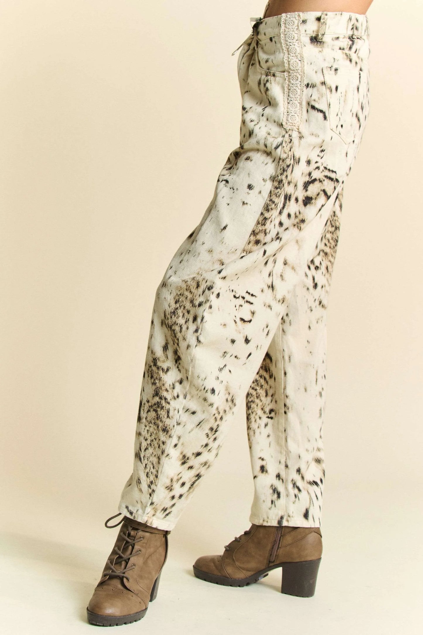 Davi & Dani Abstract Tie Dye Dot Lace Detail Barrel Pants - Premium Women Pants from Trendsi - Just $61.99! Shop now at Handbags Specialist Headquarter
