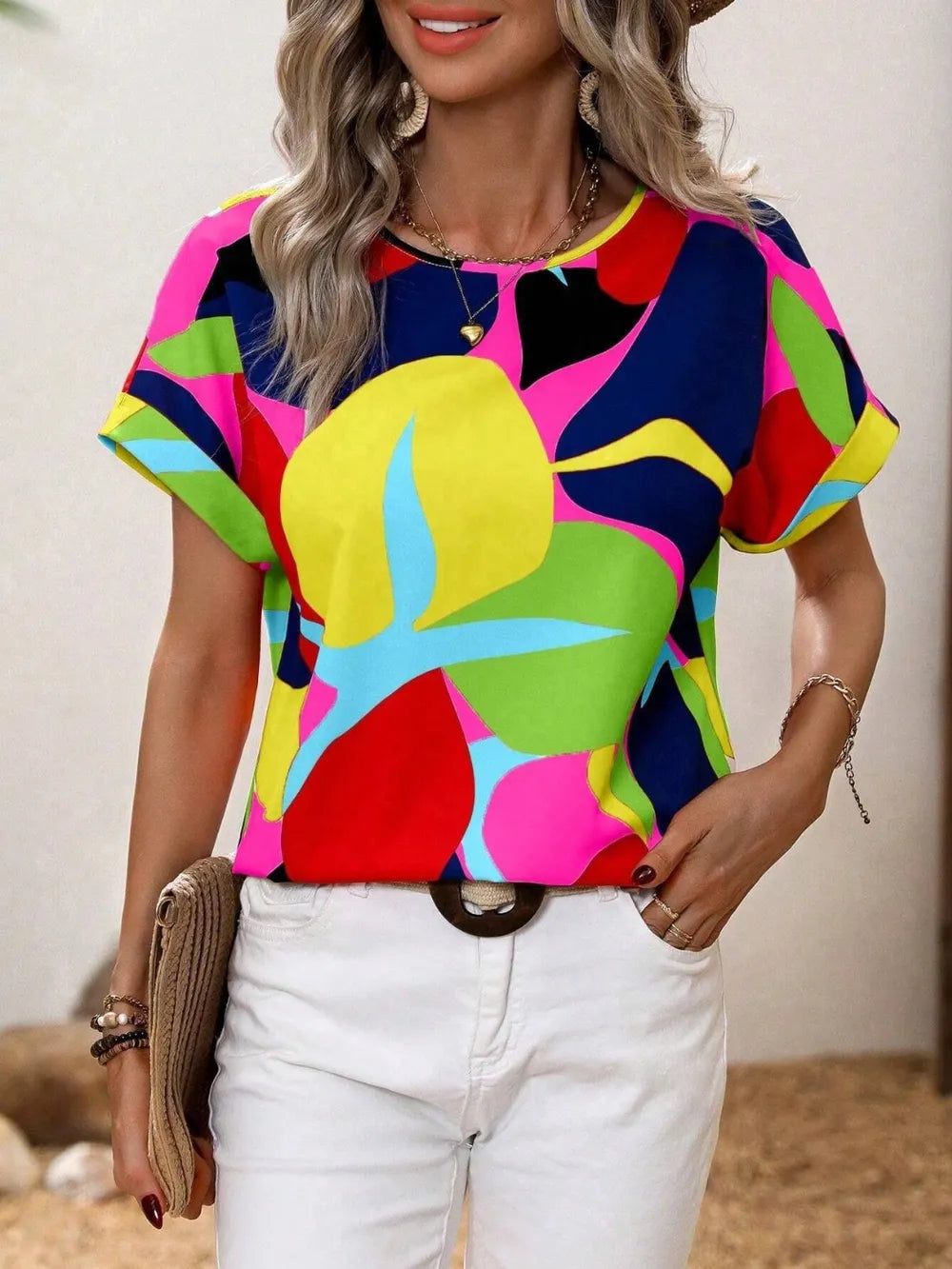Contrast Round Neck Short Sleeve Blouse - Premium Tops from Trendsi - Just $23.06! Shop now at Handbags Specialist Headquarter