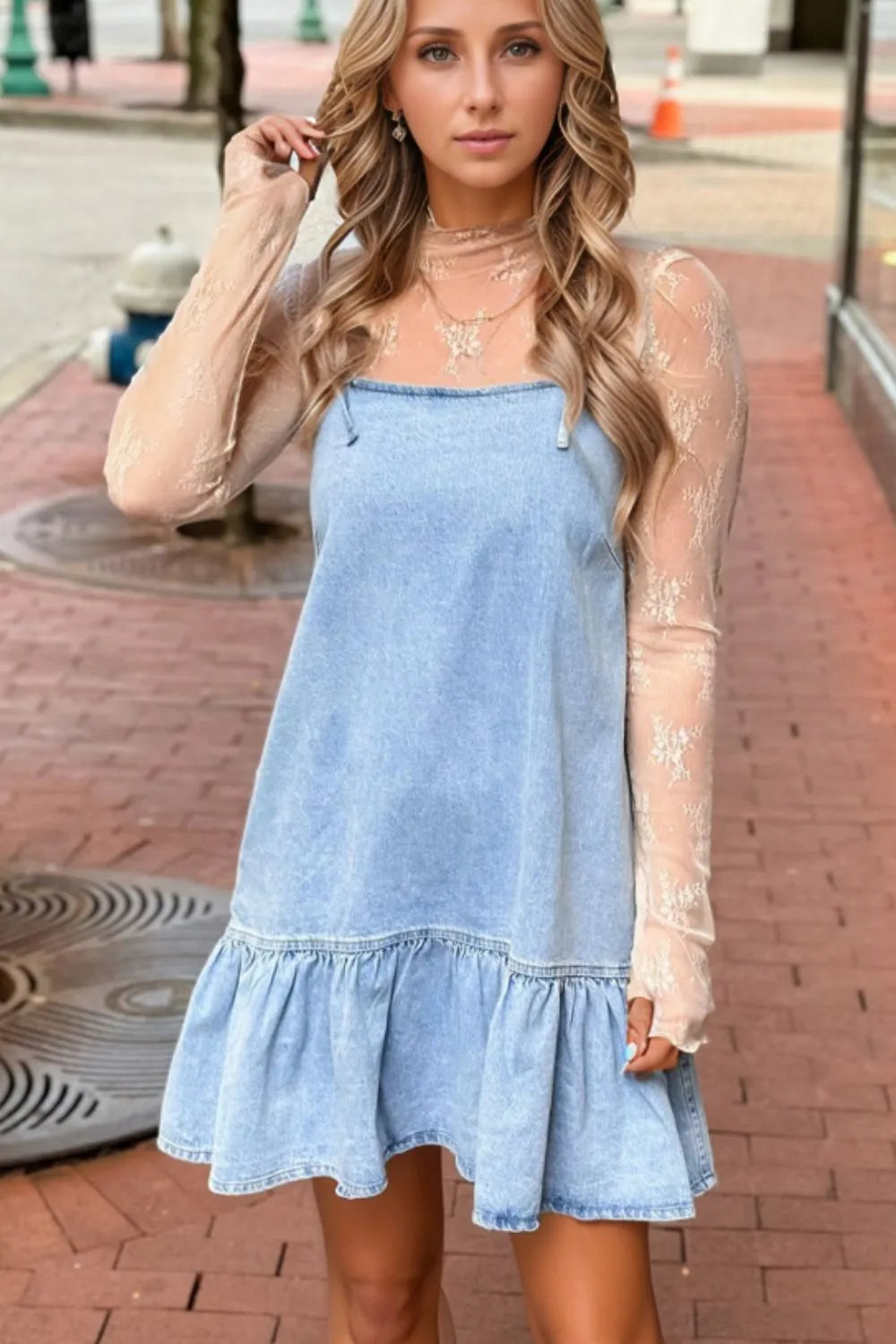 Bow Detail Spaghetti Straps Ruffle Hem Denim Dress - Premium Women / Jeans & Denim from Trendsi - Just $46.38! Shop now at Handbags Specialist Headquarter