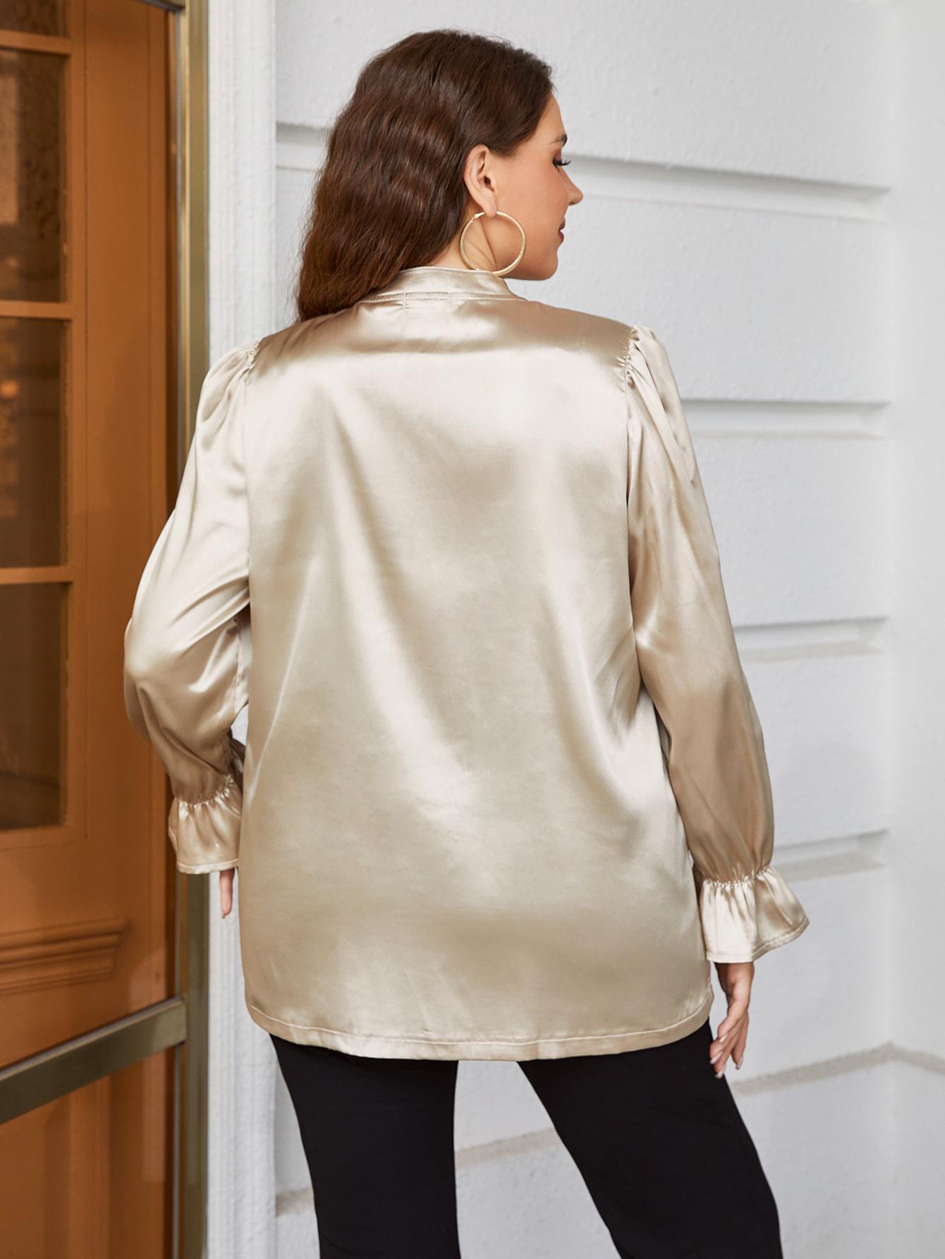 Plus Size Flounce Sleeve Band Collar Shirt - Premium Plus Size Shirts from Trendsi - Just $27! Shop now at Handbags Specialist Headquarter