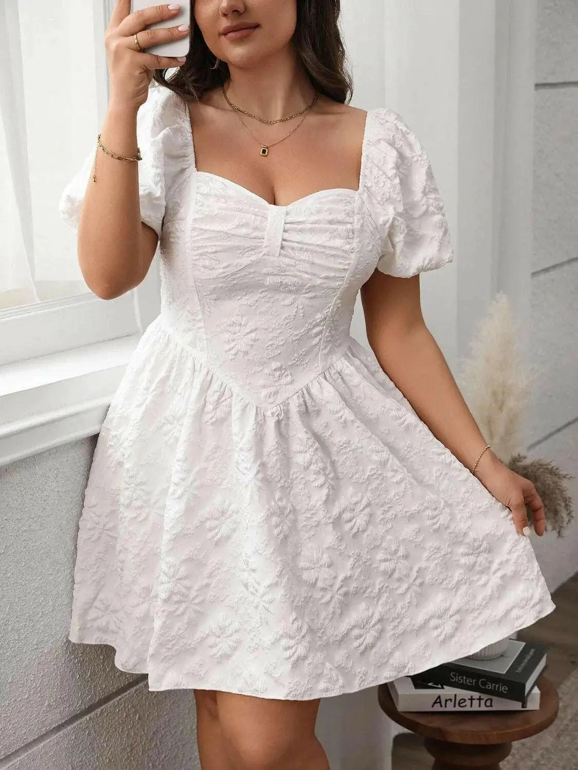Plus Size Smocked Sweetheart Neck Puff Sleeve Mini Dress.