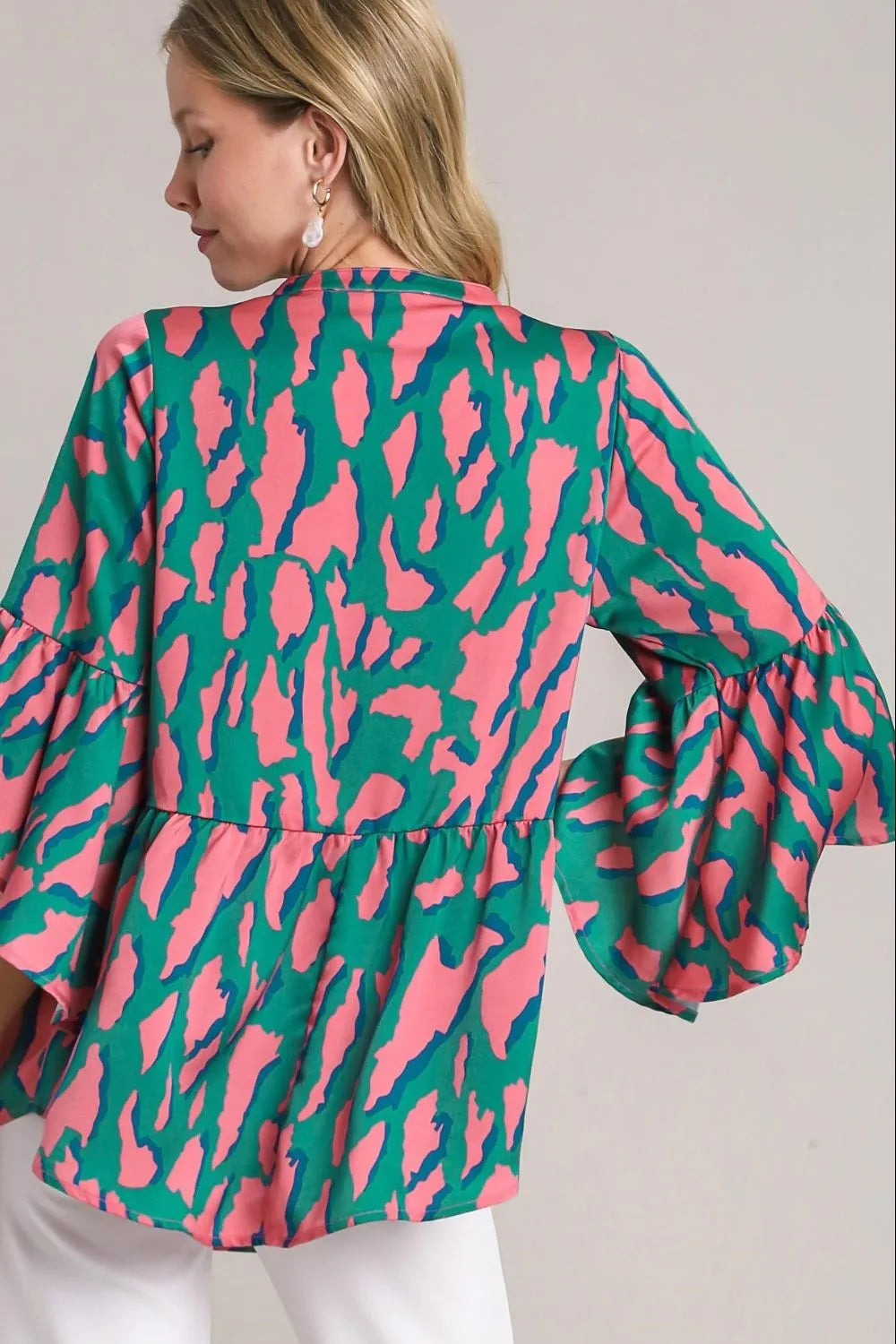 Umgee Full Size Satin Leopard 3/4 Bell Sleeve Babydoll Blouse Plus Size - Premium Dresses from Trendsi - Just $38.99! Shop now at Handbags Specialist Headquarter