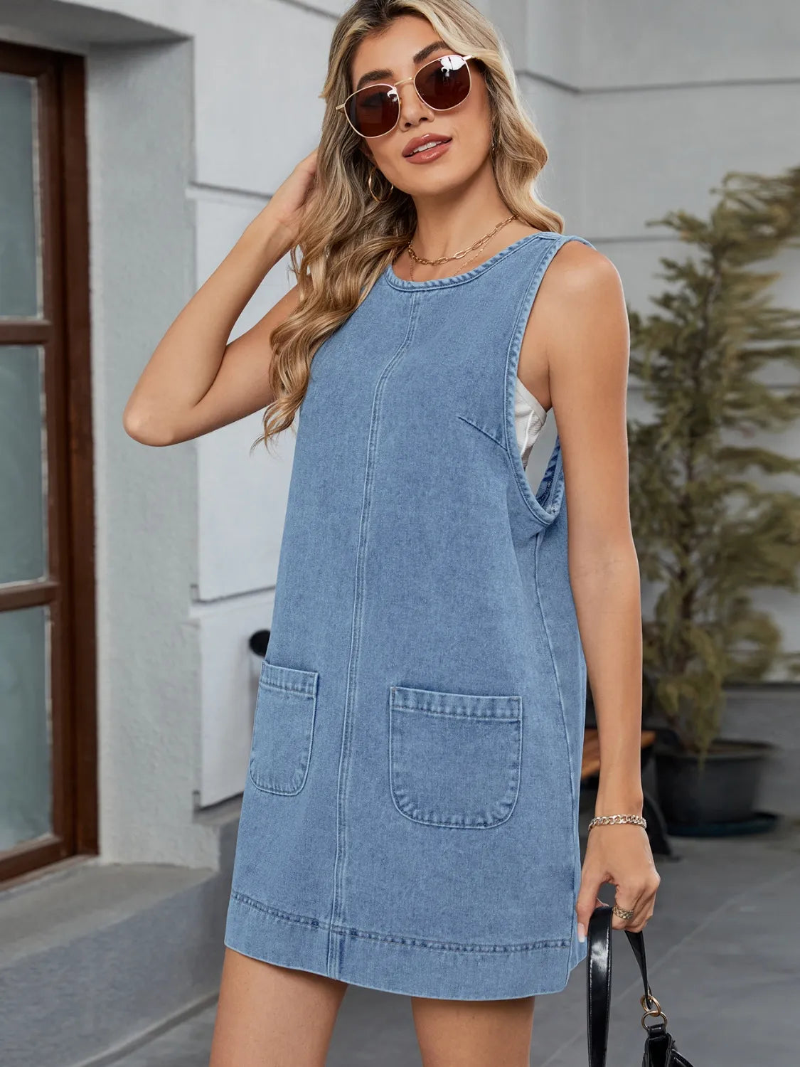 Round Neck Denim Overall Dress - Premium Women / Jeans & Denim from Trendsi - Just $30.94! Shop now at Handbags Specialist Headquarter