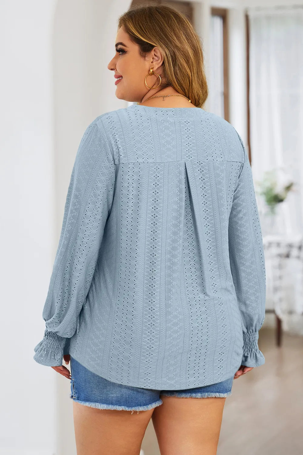 Plus Size Eyelet Notched Flounce Sleeve Blouse - Premium Plus Size Shirts from Trendsi - Just $27! Shop now at Handbags Specialist Headquarter