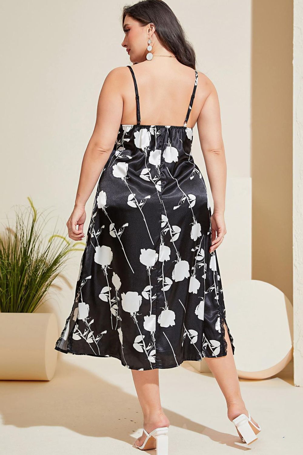 Plus Size Floral Lace Trim Side Slit Night Dress - Premium Sleepwear from Trendsi - Just $32.99! Shop now at Handbags Specialist Headquarter