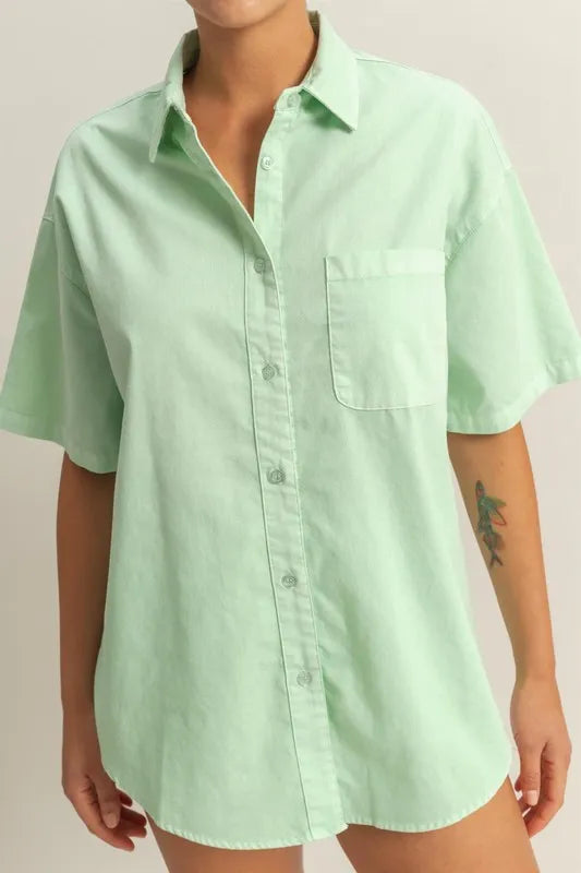 HYFVE Short Sleeve Button Down Oversized Shirt - Premium Women's Down Shirt Tops from Trendsi - Just $34.34! Shop now at Handbags Specialist Headquarter