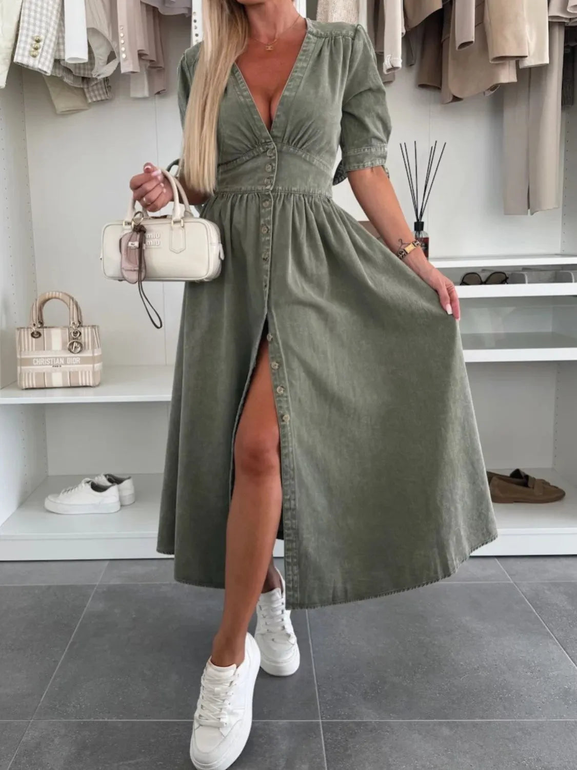 Button Front V-Neck Half Sleeve Denim Dress - Premium Women / Jeans & Denim from Trendsi - Just $53.68! Shop now at Handbags Specialist Headquarter